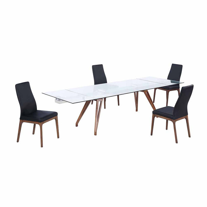 Chintaly ERIKA Modern Dining Set w/ Extendable Glass Table & Black Contour Back Upholstered Side Chairs