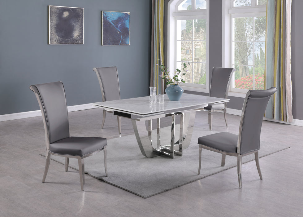 Chintaly JOY Dining Set w/ Extendable Carrara Marble Table & 4 High-back Chairs - Gray