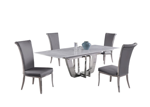 Chintaly JOY Dining Set w/ Extendable Carrara Marble Table & 4 High-back Chairs - Gray