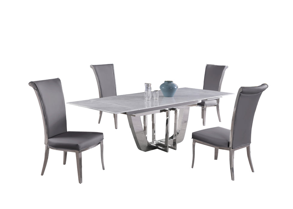 Chintaly JOY Dining Set w/ Extendable Carrara Marble Table & 4 High-back Chairs - Gray