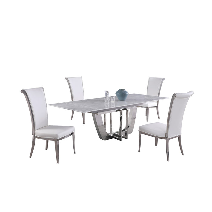 Chintaly JOY Dining Set w/ Extendable Carrara Marble Table & 4 High-back Chairs
