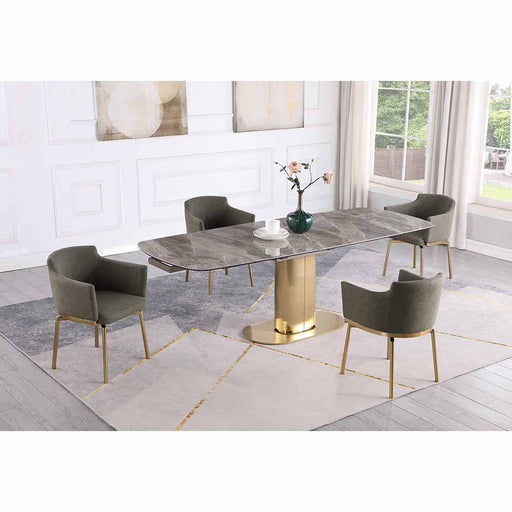 Chintaly KARLA Dining Set w/ Extendable Marbleized Sintered Stone Table & Memory Swivel Arm Chairs w/ Golden Legs