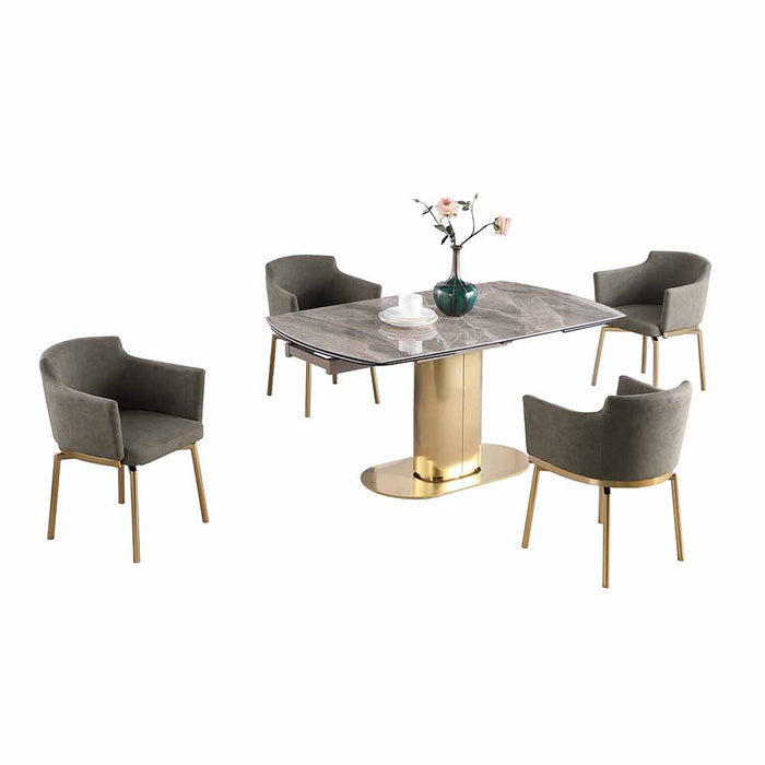 Chintaly KARLA Dining Set w/ Extendable Marbleized Sintered Stone Table & Memory Swivel Arm Chairs w/ Golden Legs