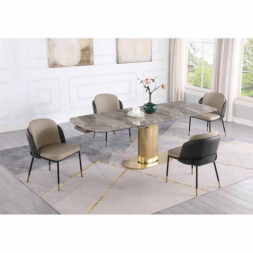Chintaly KARLA Dining Set w/ Extendable Marbleized Sintered Stone Table & 2Tone Chairs w/ Golden Accents