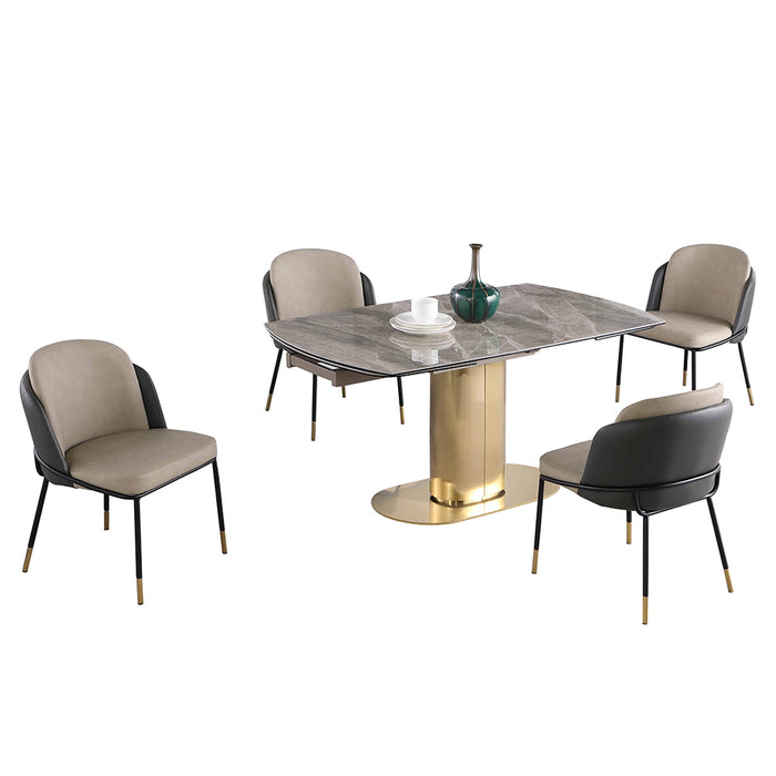 Chintaly KARLA Dining Set w/ Extendable Marbleized Sintered Stone Table & 2Tone Chairs w/ Golden Accents