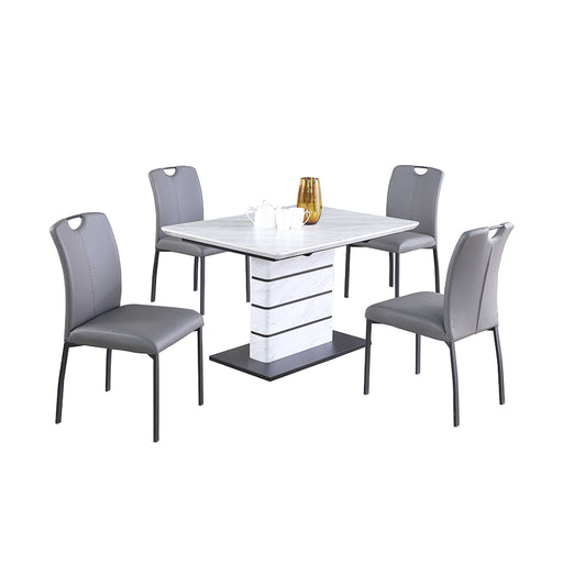 Chintaly KELLY Contemporary Dining Set w/ Extendable Marbleized Table, Art Deco Strip Base & 4 Handle Back Chairs
