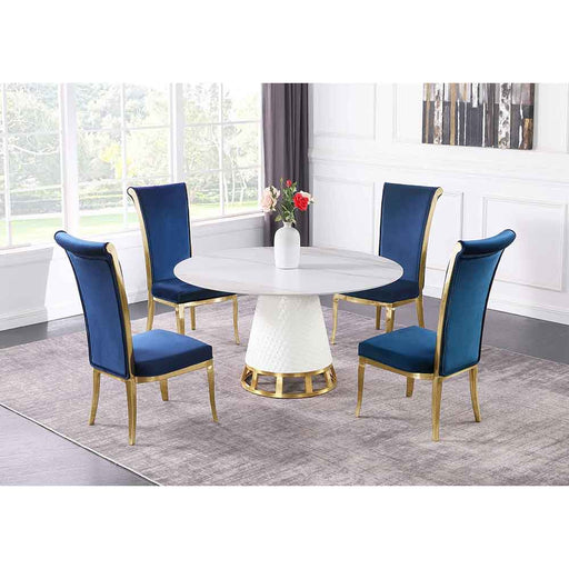 Chintaly KHLOE Dining Set w/ Sintered Stone, Wooden, and Golden Table w/ High Back Golden Frame Side Chairs - Blue