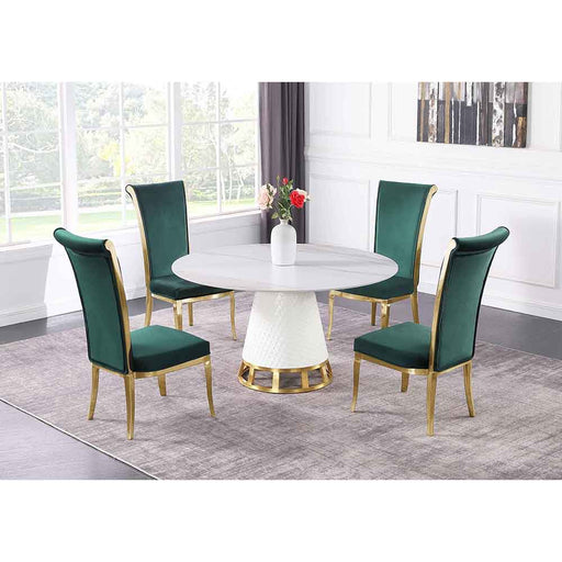 Chintaly KHLOE Dining Set w/ Sintered Stone, Wooden, and Golden Table w/ High Back Golden Frame Side Chairs - Green