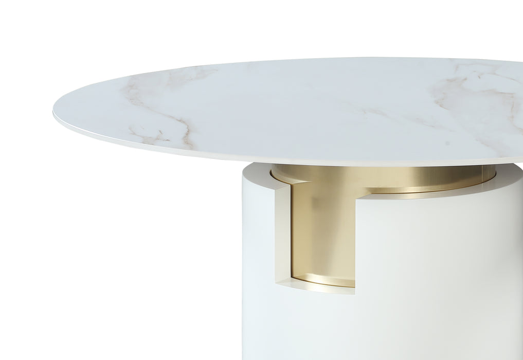 Chintaly KIANA Marbleized Sintered Stone Top Table w/ Cylinder Base & Golden Accent