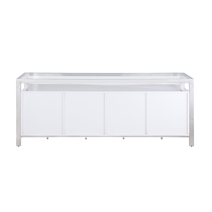 Chintaly KRISTA-BUF Modern White Buffet w/ Stainless Steel & Tempered Glass Top