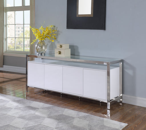 Chintaly KRISTA-BUF Modern White Buffet w/ Stainless Steel & Tempered Glass Top