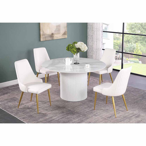 Chintaly KRISTEN Dining Set w/ Sintered Stone Top Table & Stitched Back Golden Legged Chairs