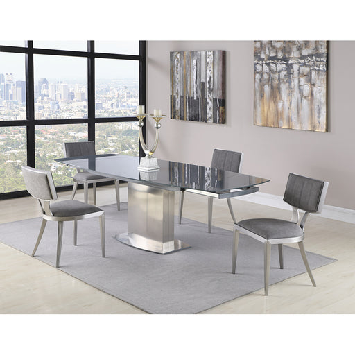 Chintaly MAVIS Contemporary Dining Set w/ Extendable Gray Glass Table & Upholstered Chairs