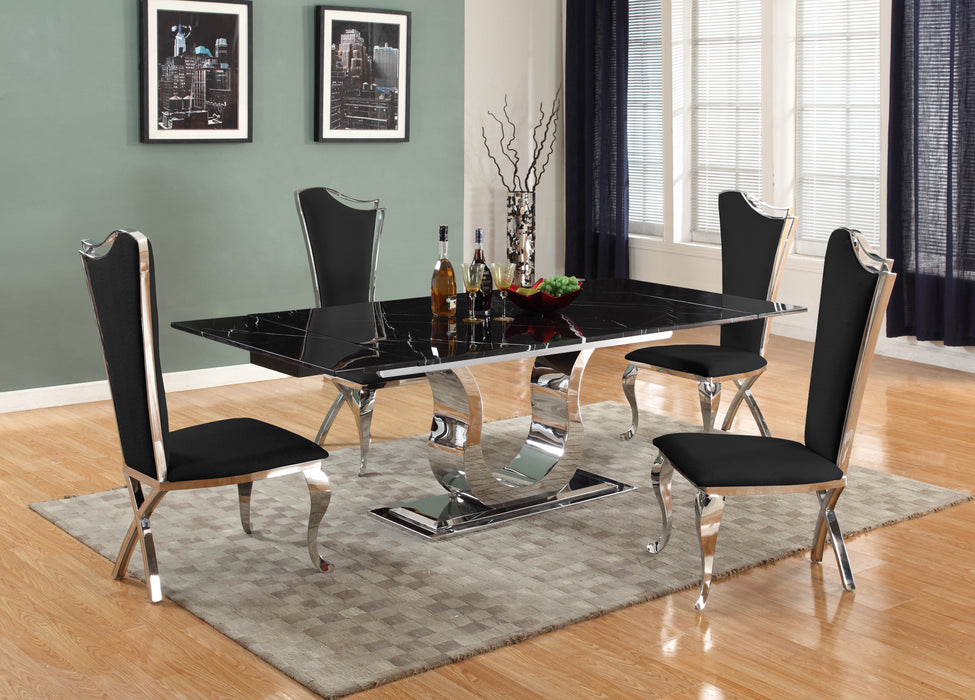 Chintaly NADIA Contemporary Dining Set w/ Extendable Marble Table & 4 Black Chairs