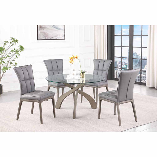 Chintaly PEGGY Dining Set w/ Glass Top Table & Tufted Solid Wood Chairs - Gray