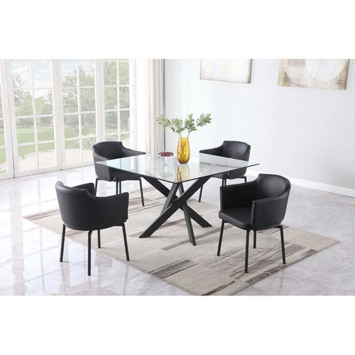 Chintaly PIXIE-BLK Dining Set w/ Square Glass Table, Crisscross Base & 4 Swivel Arm Chairs