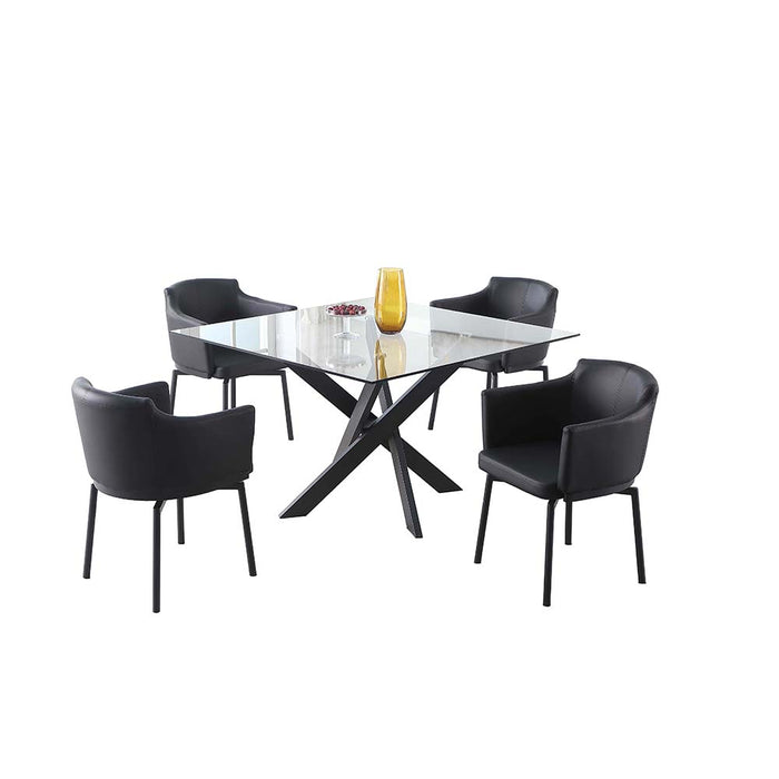 Chintaly PIXIE-BLK Dining Set w/ Square Glass Table, Crisscross Base & 4 Swivel Arm Chairs