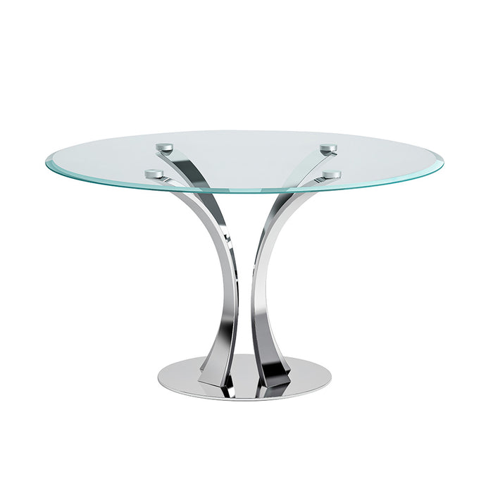 Chintaly REBECA Contemporary Round Glass Dining Table w/ Steel Pedestal Base