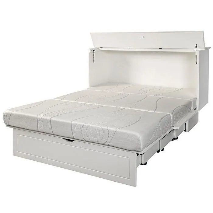 Cottage White Murphy Cabinet Bed by Arason Enterprises, Inc, folded in cabinet with bed frame and mattress visible inside.