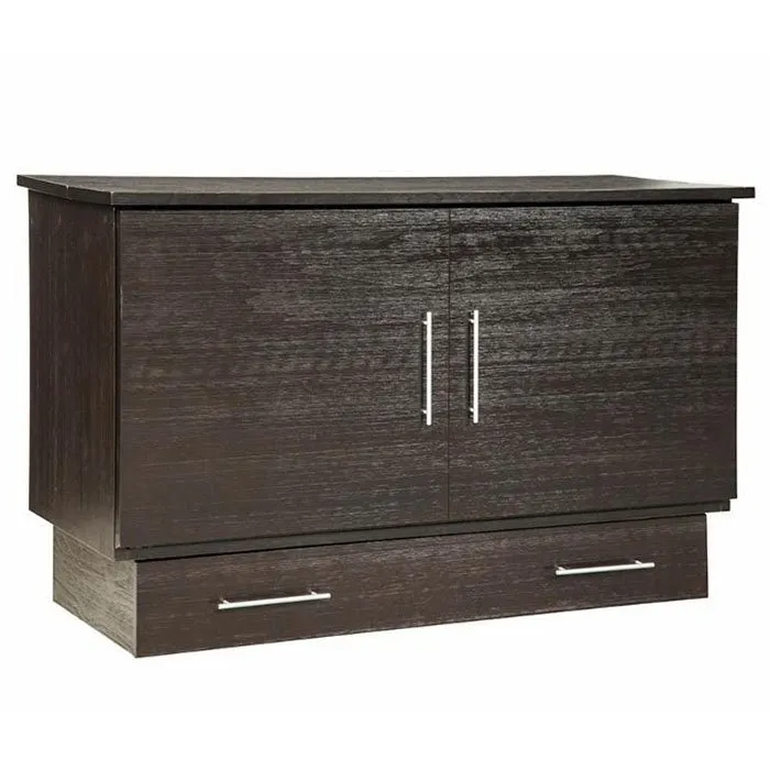 Coffee finish Creden-ZzZ Cabinet Bed by Arason Enterprises, Inc., queen-sized Murphy cabinet bed with open and closed views.