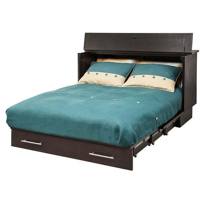 Coffee finish Arason Enterprises Queen Creden-ZzZ Murphy Cabinet Bed folded against the wall with built-in storage compartments.