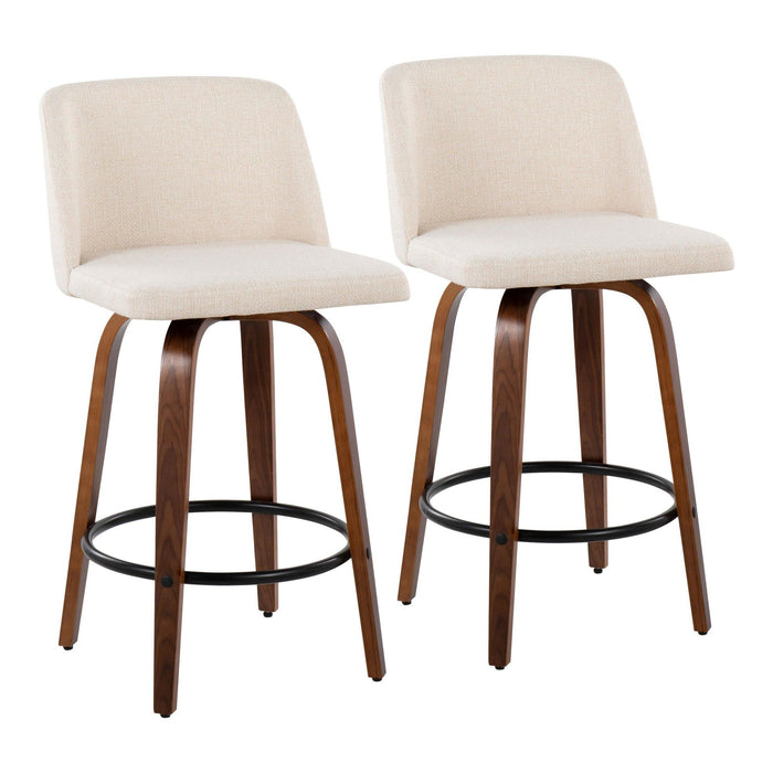 Toriano - Fixed - Height Counter Stool - Walnut Wood With Round Black Footrest And Cream Noise Fabric (Set of 2)