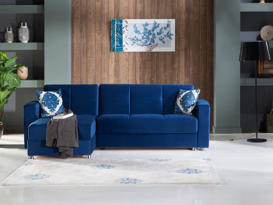 Bellona elegant navy sectional sofa with plush cushions and modern design, showcasing a stylish and comfortable living room piece.