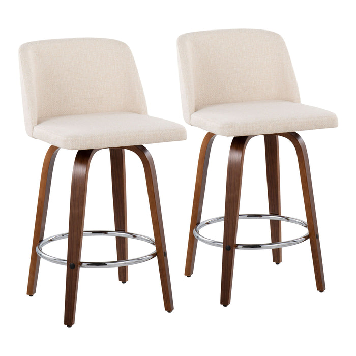 Toriano - Fixed - Height Counter Stool - Walnut Wood With Round Chrome Footrest And Cream Noise Fabric (Set of 2)