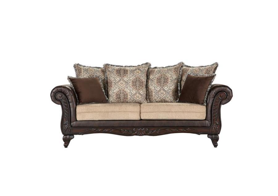 Elmbrook - Upholstered Rolled Arm Sofa With Intricate Wood Carvings - Brown