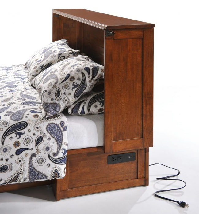 Side view of Night & Day Furniture Clover Murphy Cabinet Bed in cherry finish, designed for queen size with a compact, multi-functional design.