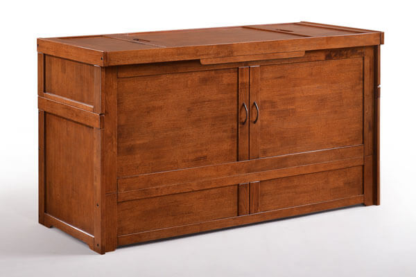 Closed Cherry Murphy Cube Cabinet Bed from Night & Day Furniture, showcasing its compact, multifunctional cabinet design.