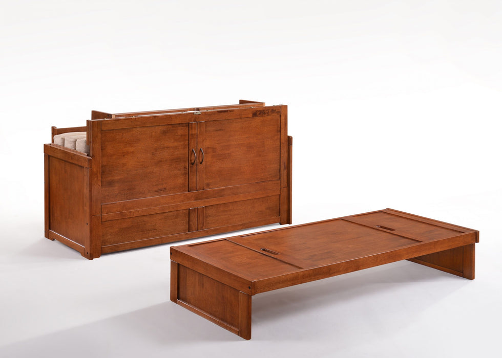 Cherry Night & Day Furniture Murphy Cube Cabinet Bed in Queen size, showcasing its compact design and rich wood finish.