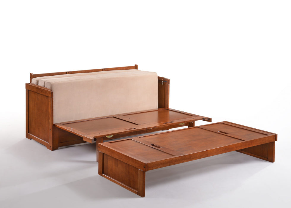 Cherry Night & Day Furniture Murphy Cube Cabinet Bed, queen size with closed cabinet doors and sleek wooden finish.