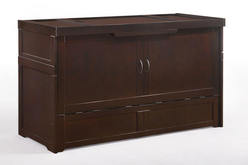 Closed Night & Day Furniture Murphy Cube Cabinet Bed in chocolate finish, showcasing its compact, versatile design for space-saving storage