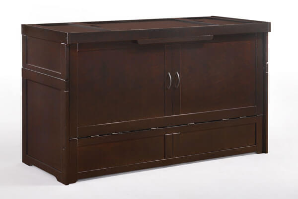 Closed Night & Day Furniture Murphy Cube Cabinet Bed in chocolate finish, showcasing its compact, versatile design for space-saving storage