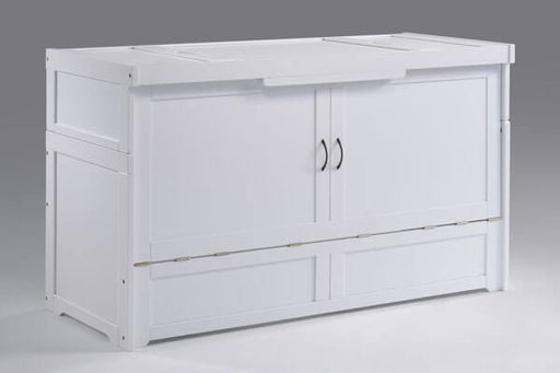 White Murphy Cube Cabinet Bed by Night & Day Furniture shown closed, featuring a sleek, modern design ideal for space-saving bedrooms.