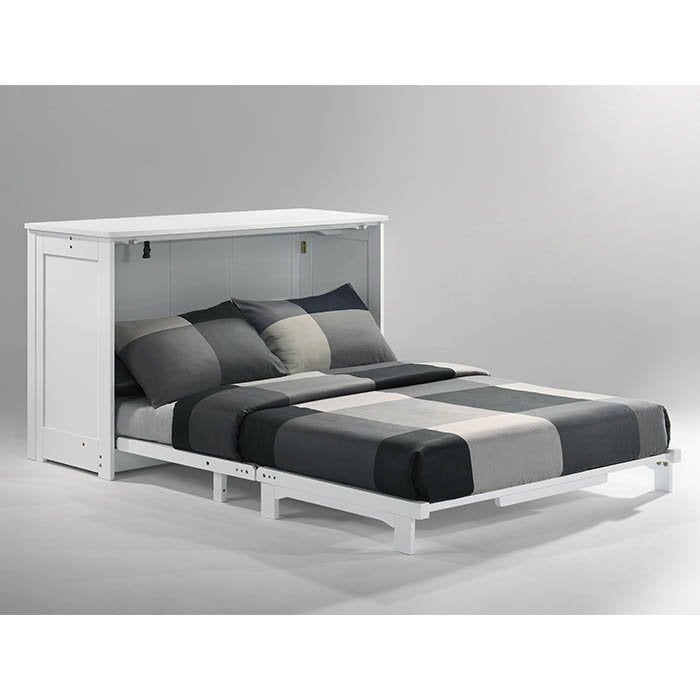Open white Murphy cabinet bed by Night & Day Furniture in full position, showing the fold-down bed and interior storage.