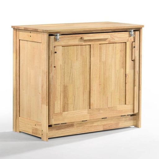 Night & Day Furniture Orion twin Murphy cabinet bed in natural wood, showcasing its compact, space-saving design with integrated storage.