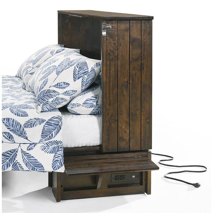 Night & Day Furniture Ranchero Murphy Cabinet Bed in Wildwood Brown, showing the wooden cabinet bed with closed and open sections