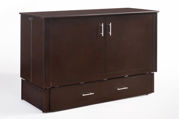 Night & Day Furniture Sagebrush Queen Cabinet Bed in dark chocolate with closed cabinet and bed frame visible.