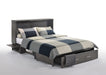 Open Sagebrush Murphy Cabinet Bed by Night & Day Furniture in stonewash finish, showcasing the queen-sized sleeping area and storage tray.