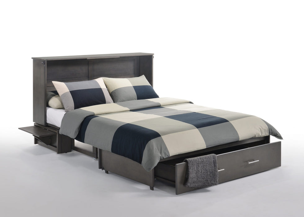 Open Sagebrush Murphy Cabinet Bed by Night & Day Furniture in stonewash finish, showcasing the queen-sized sleeping area and storage tray.